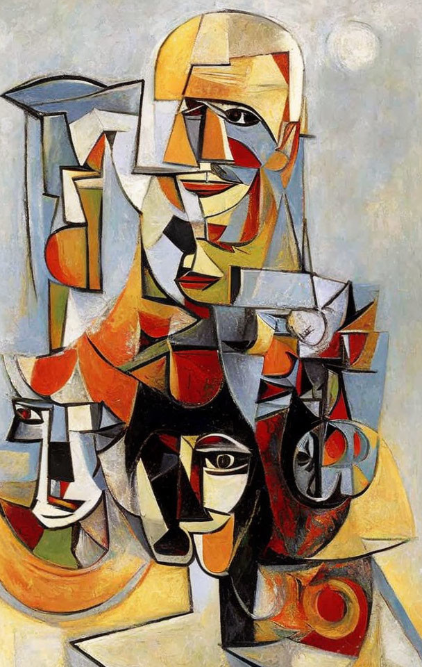 Geometric Cubist painting with fragmented forms in yellows, oranges, whites, and blacks
