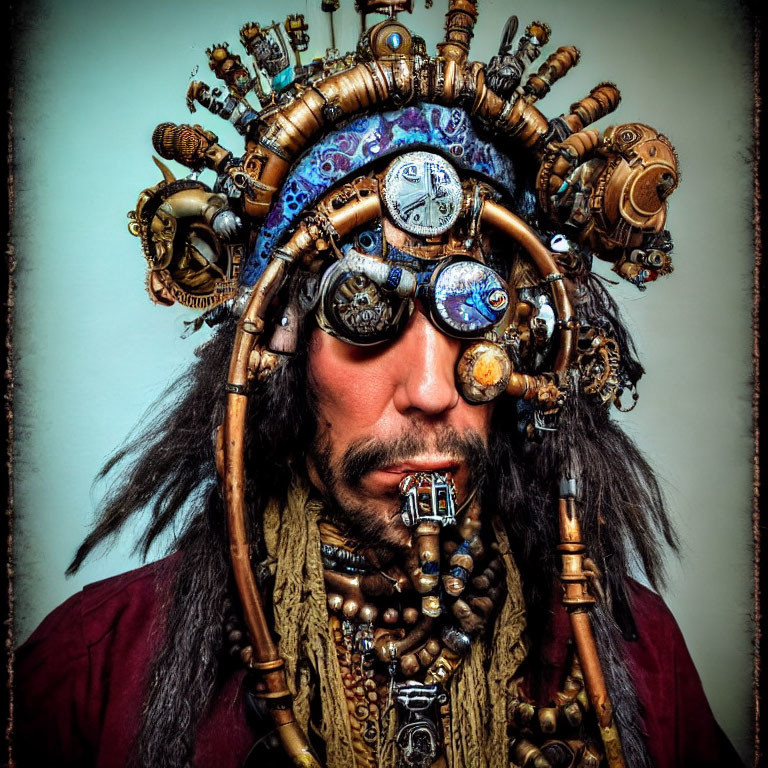 Steampunk-themed person with headdress, goggles, jewelry, and facial hair