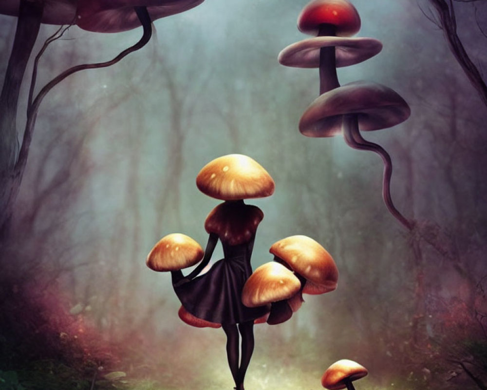 Person in dress with giant mushrooms in mystical forest landscape