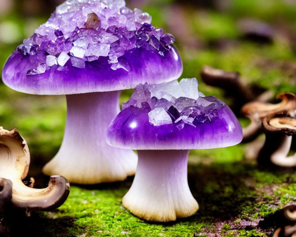 Vibrant purple mushrooms with crystalline caps in mossy setting