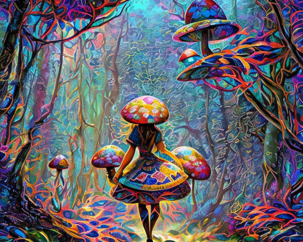 Colorful psychedelic forest with oversized mushrooms and person holding mushroom umbrella