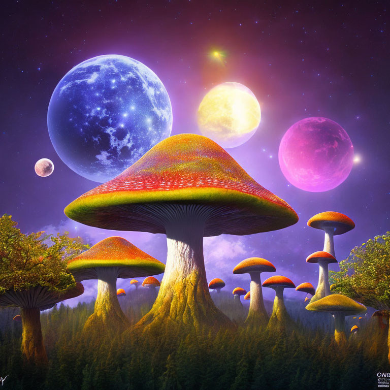 Fantasy landscape with oversized colorful mushrooms under a night sky
