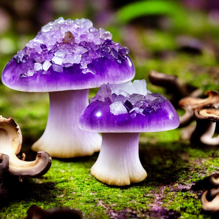 Vibrant purple mushrooms with crystalline caps in mossy setting