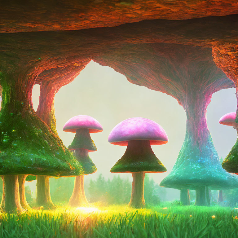 Enchanting forest glade with glowing mushrooms and sunlight filtering through