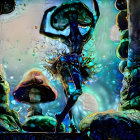 Colorful surreal scene: person in oversized fantastical mushrooms in vibrant forest.