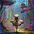 Colorful psychedelic forest with oversized mushrooms and person holding mushroom umbrella