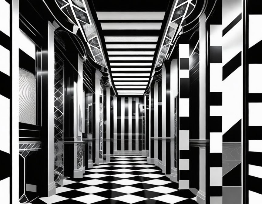 Monochrome Maze: Art Deco Checkerboard Hallway