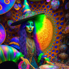 Person in Elaborate Witch Costume at DJ Booth with Psychedelic Decor