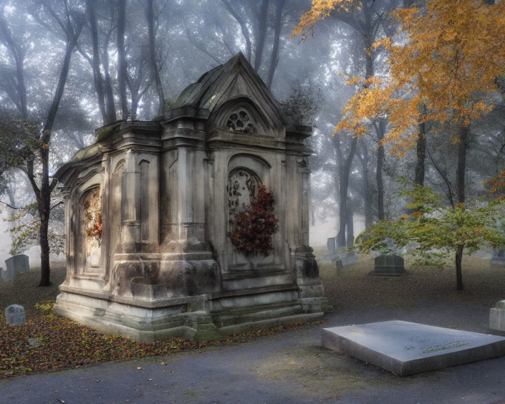 Ornate Mausoleum in Autumn Cemetery with Fog