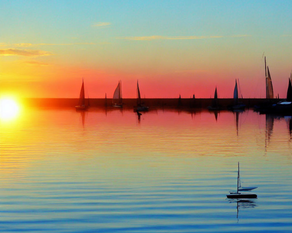 Tranquil sunset scene with sailboats on calm water
