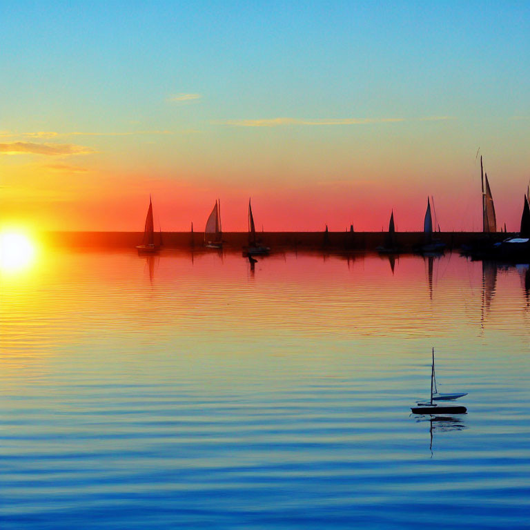 Tranquil sunset scene with sailboats on calm water