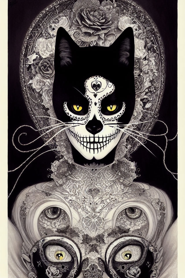 Cat with Skull Face and Intricate Patterns on Monochrome Background