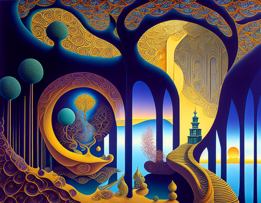 Colorful landscape with whimsical trees and oriental architecture under a serene moon