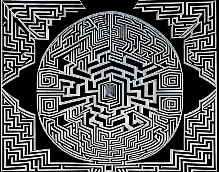 Monochrome geometric pattern with circular maze and angular motifs