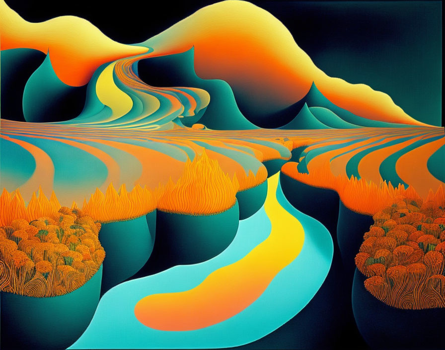 Colorful digital artwork: surreal landscape with abstract mountains, trees, and rivers