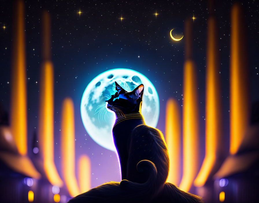 Cat observing full moon and stars in night sky with tall grass silhouette