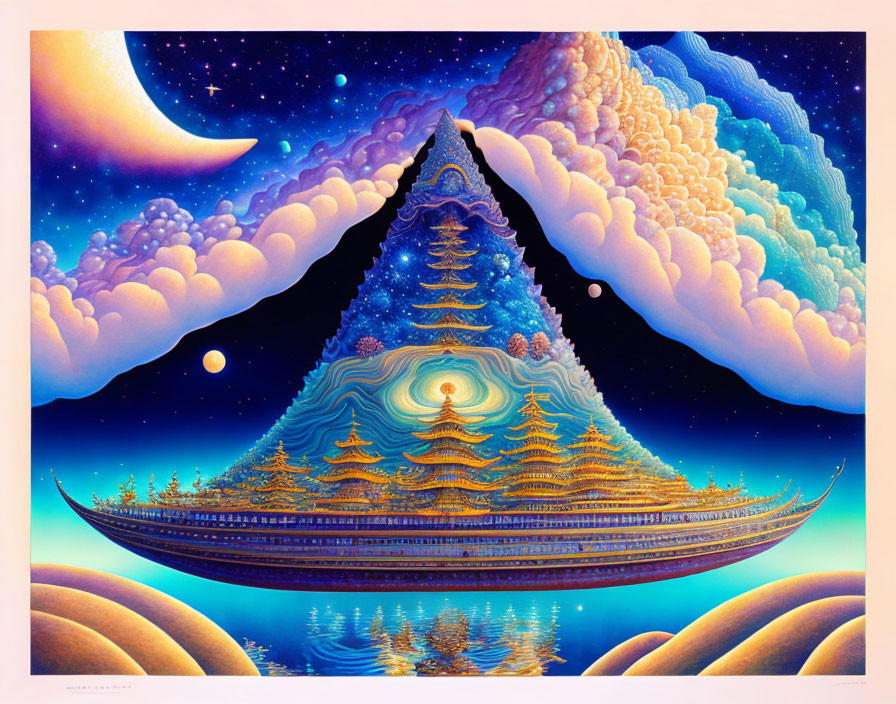 Surreal artwork of boat-like structure in cosmic forest scene