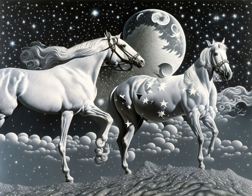 Two White Horses with Celestial Patterns Against Starry Night Sky