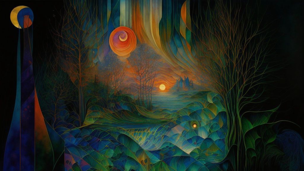 Colorful landscape painting with swirling skies and celestial elements