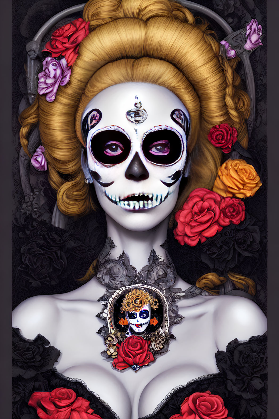 Skeleton-faced figure with beehive hairstyle and roses in dark attire.