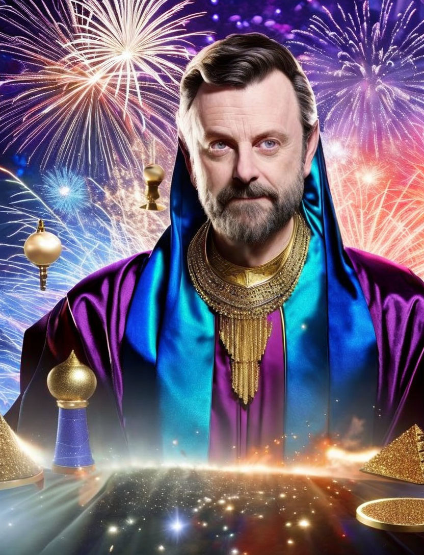 Man in Royal Blue and Gold Robes Surrounded by Fireworks and Sparkles