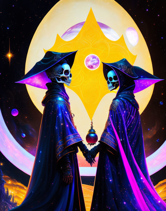 Skeletal figures in ornate robes under cosmic backdrop with moon and stars