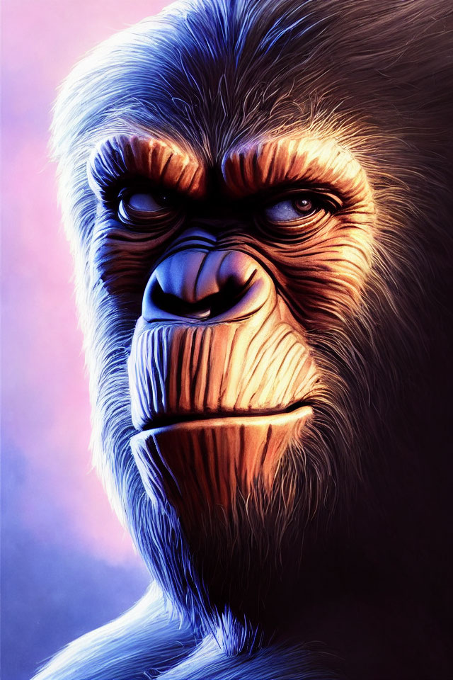 Vivid illustration of gorilla's face with intense eyes and contemplative expression in purple and pink light