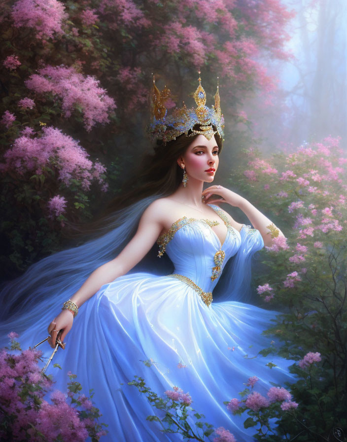 Regal figure in blue gown and golden crown on pink floral backdrop