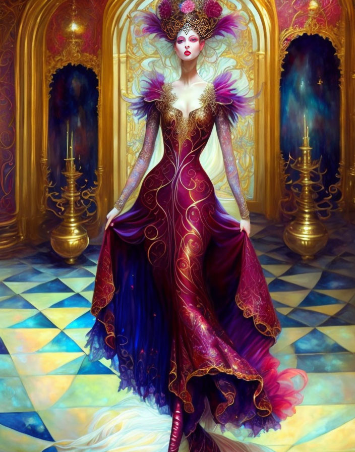 Regal woman in purple and red gown in ornate hall