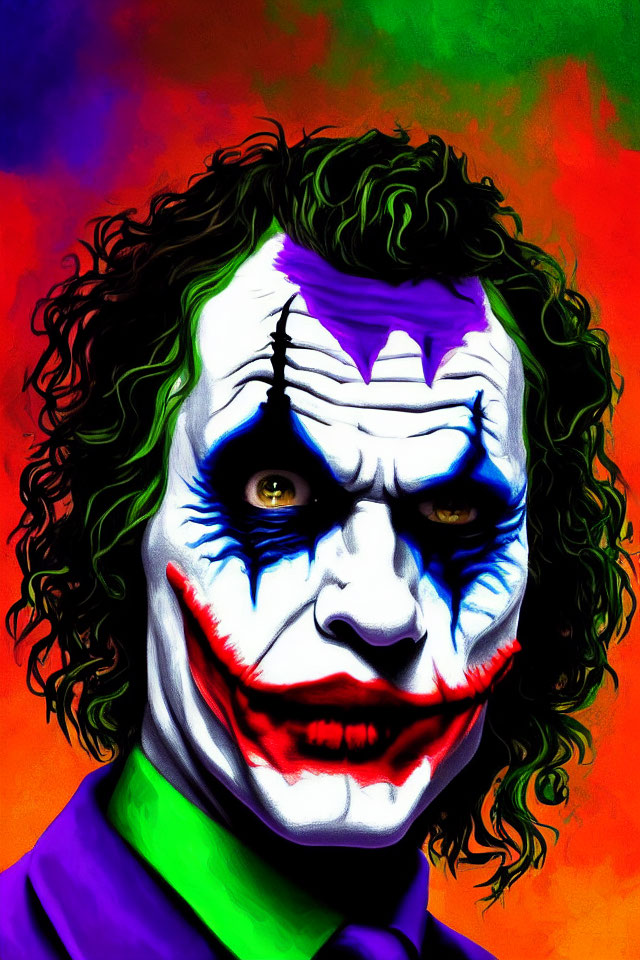 Vibrant artwork featuring character with clown-like makeup and green hair