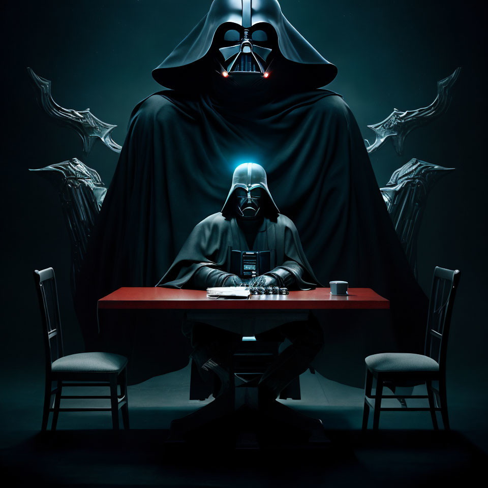 Dark scene: Darth Vader plays chess with shadowy figures