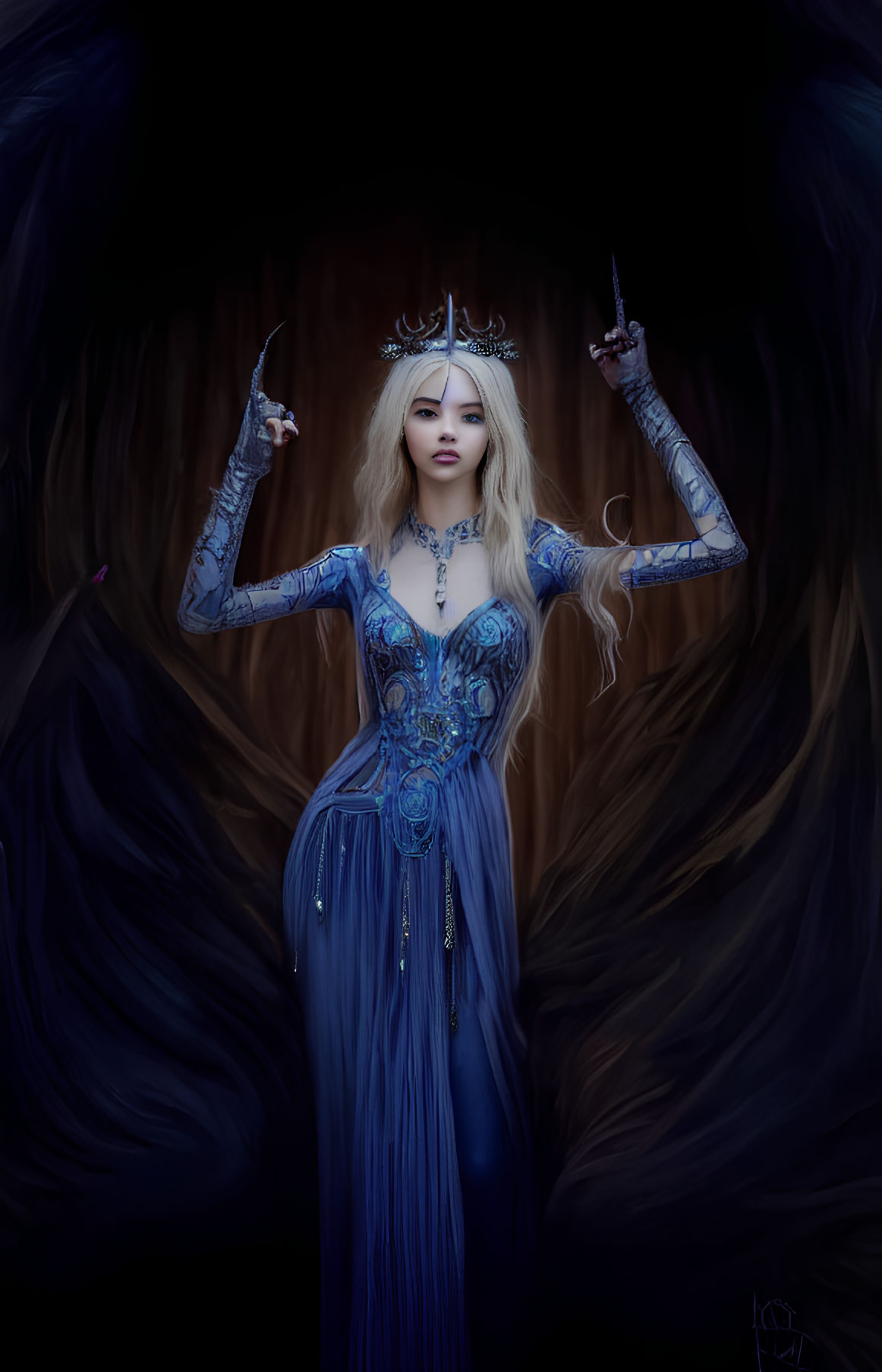 Blonde woman in blue dress and crown with raised fingers