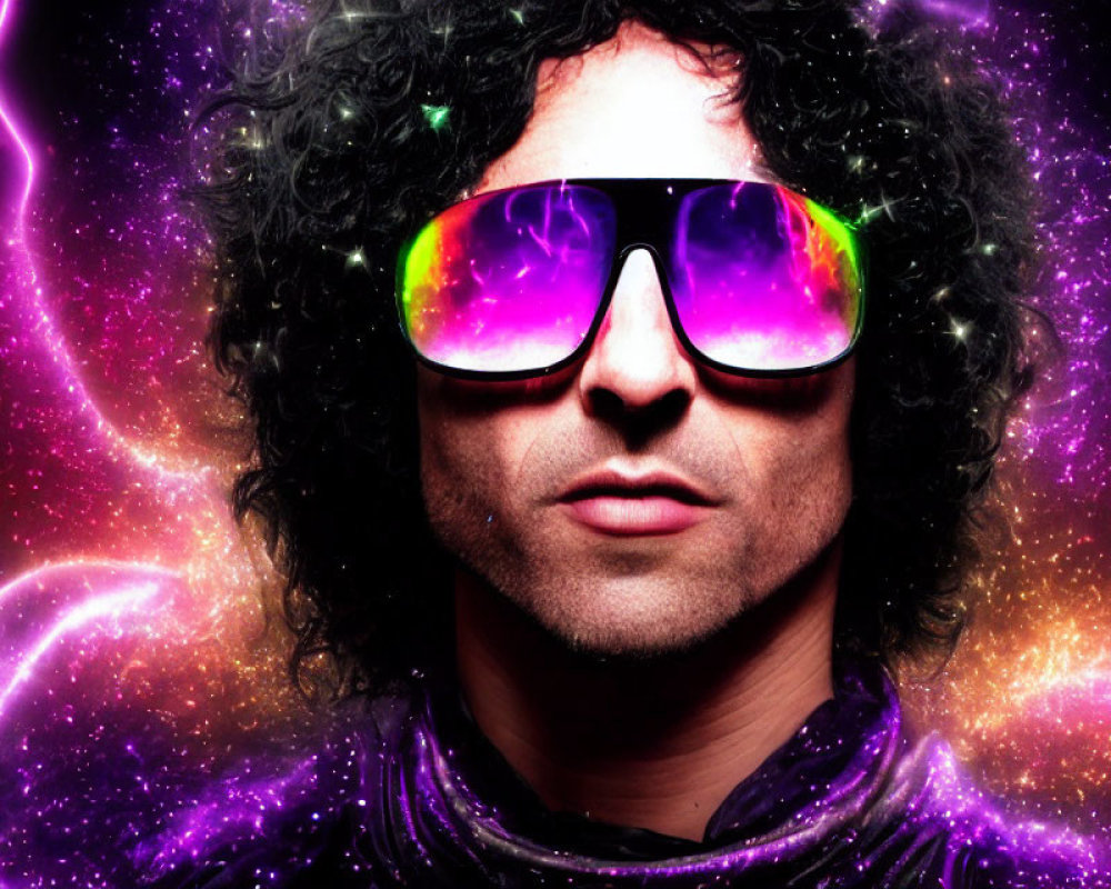 Curly-Haired Man in Reflective Sunglasses on Cosmic Galactic Background