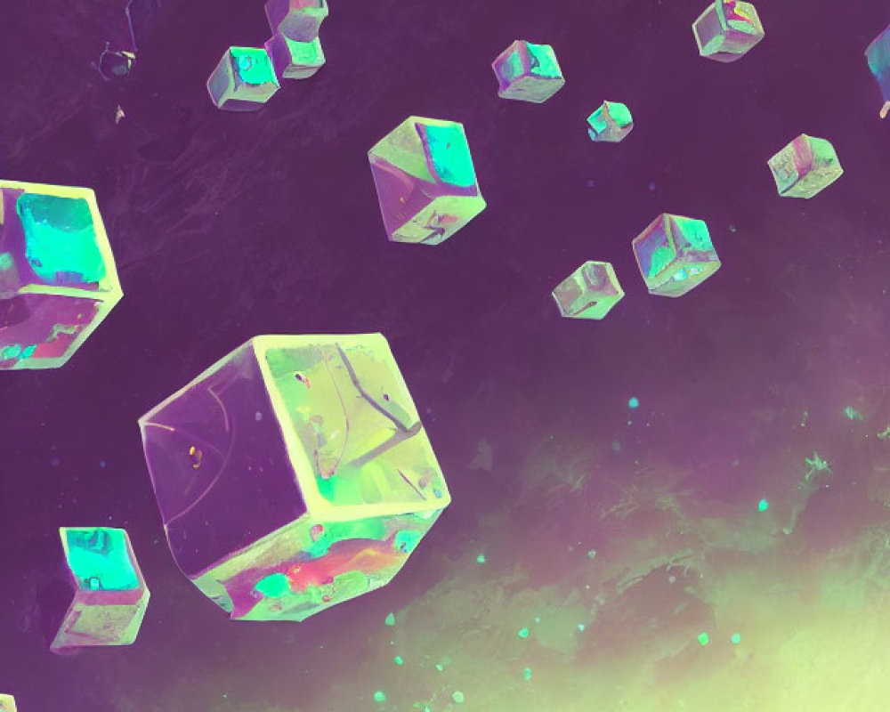 Vibrant glowing cubes in cosmic space with stars and sun-like celestial body