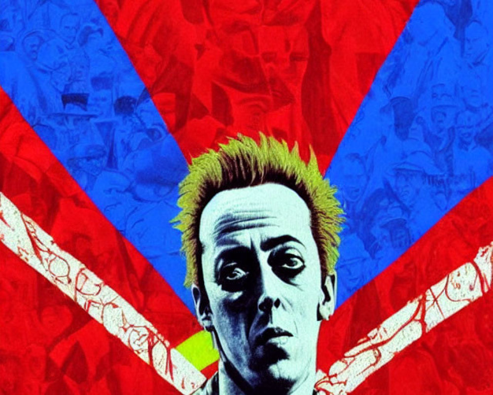 Colorful pop-art style image with central figure and spiky hair on red and blue ray background