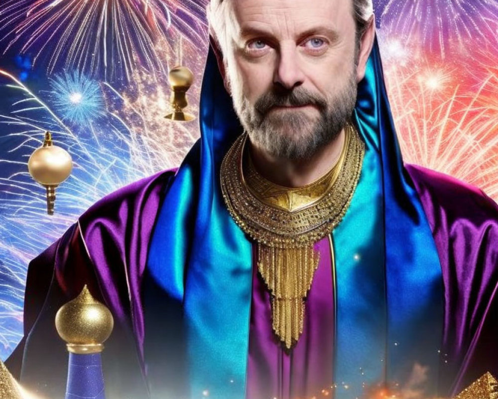 Man in Royal Blue and Gold Robes Surrounded by Fireworks and Sparkles