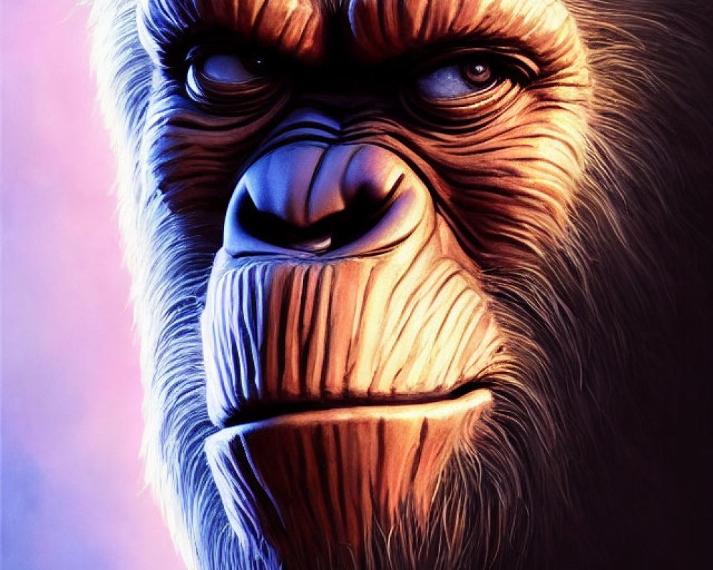 Vivid illustration of gorilla's face with intense eyes and contemplative expression in purple and pink light