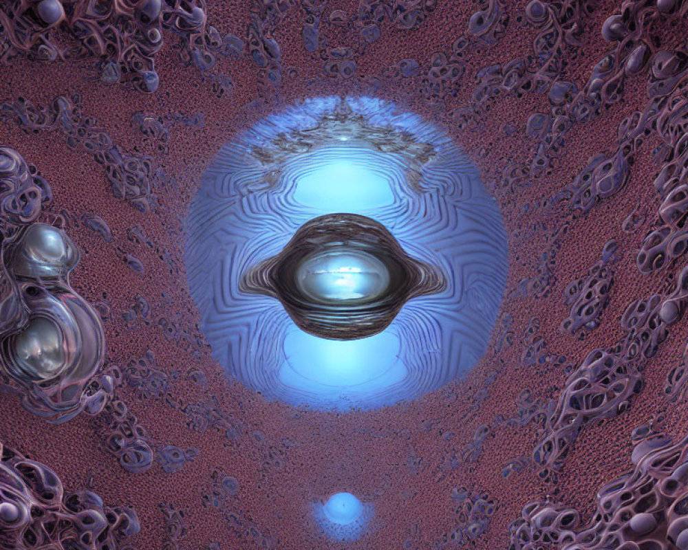 Fractal image featuring central blue-white orb and intricate purple-blue patterns.