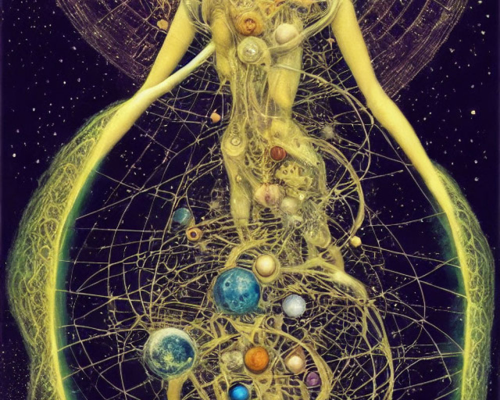 Surreal cosmic art: humanoid figure, planetary orbs, geometric patterns, starry space.
