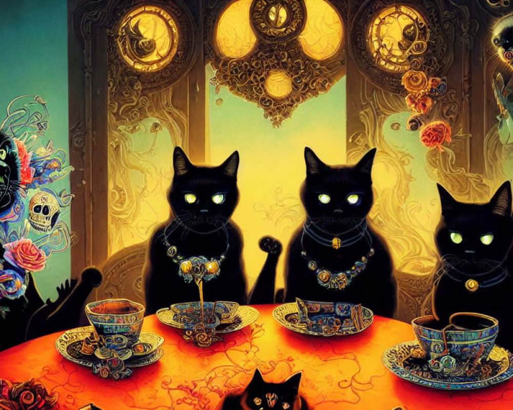 Four Black Cats with Glowing Eyes Around Ornate Table in Mystical Room