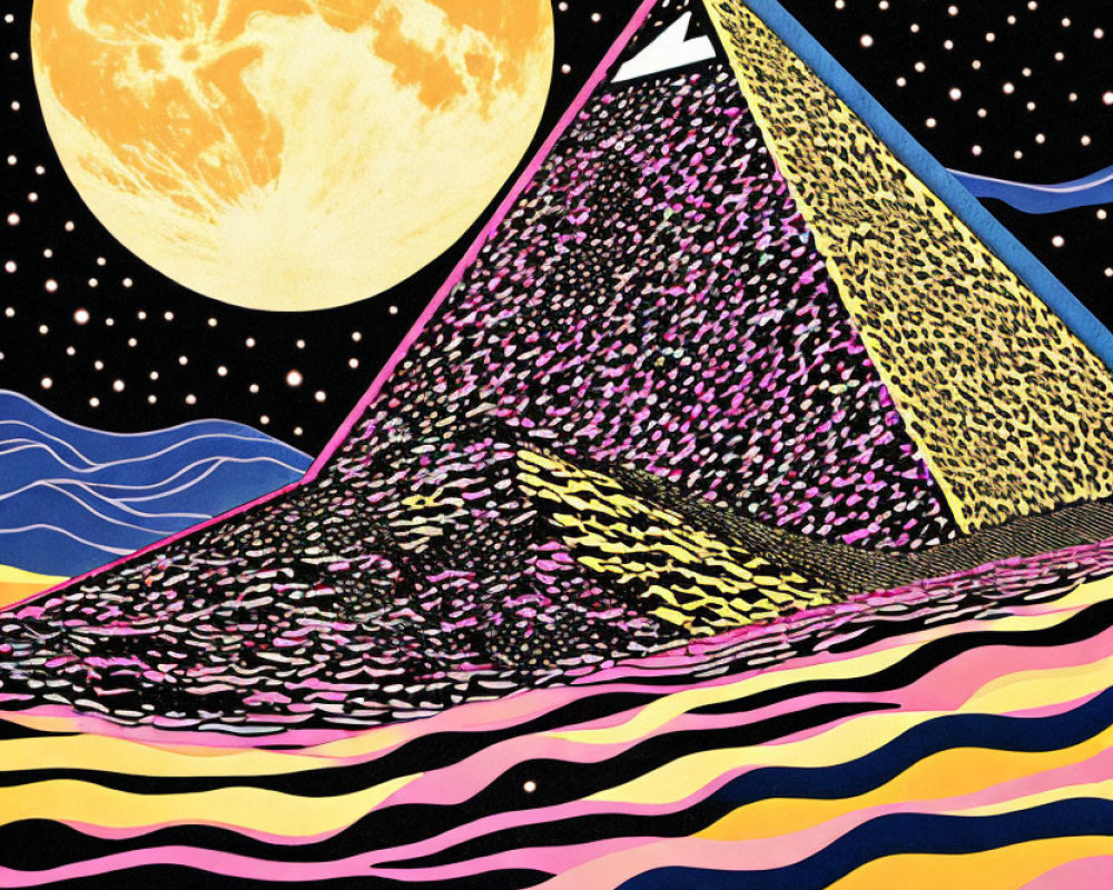 Colorful Pyramid Illustration with Moon, UFO, and Water Design