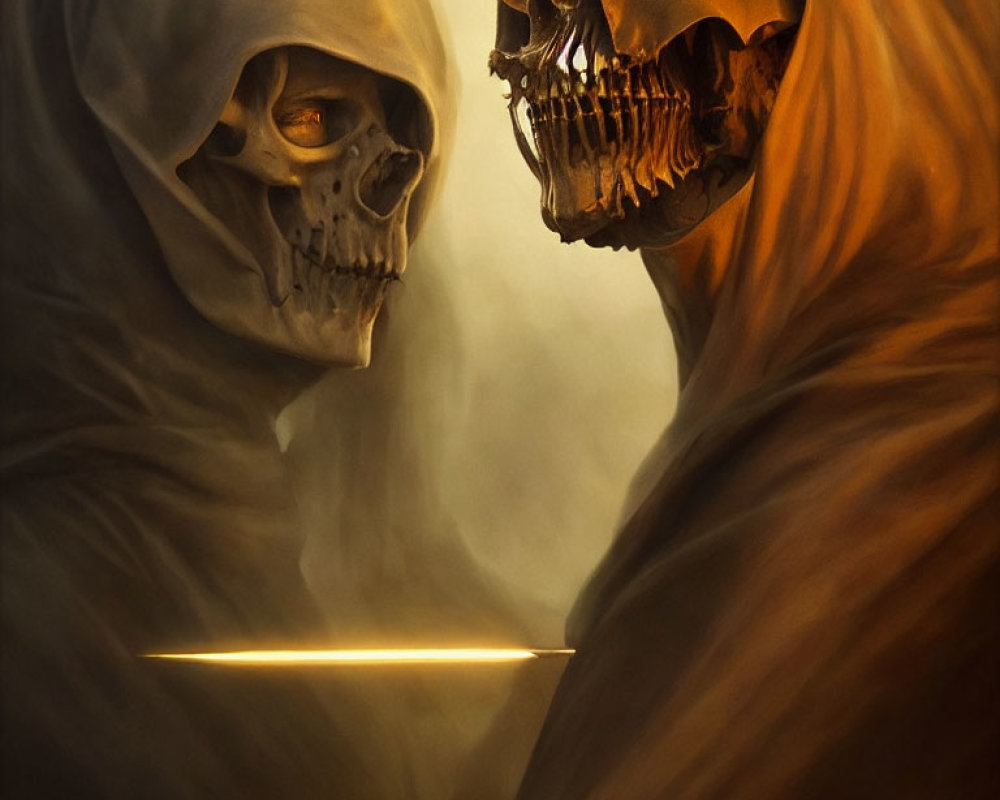 Skeletal figures in cloaks with glowing sword in warm backdrop