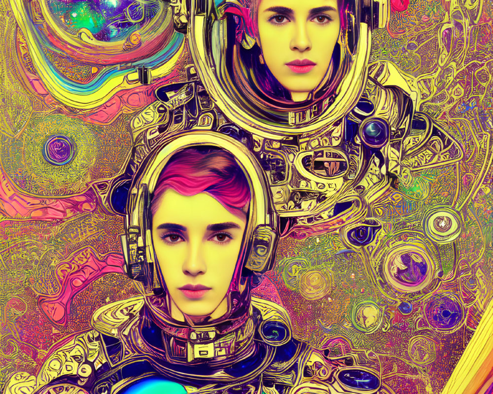 Colorful, detailed spacesuits in cosmic setting