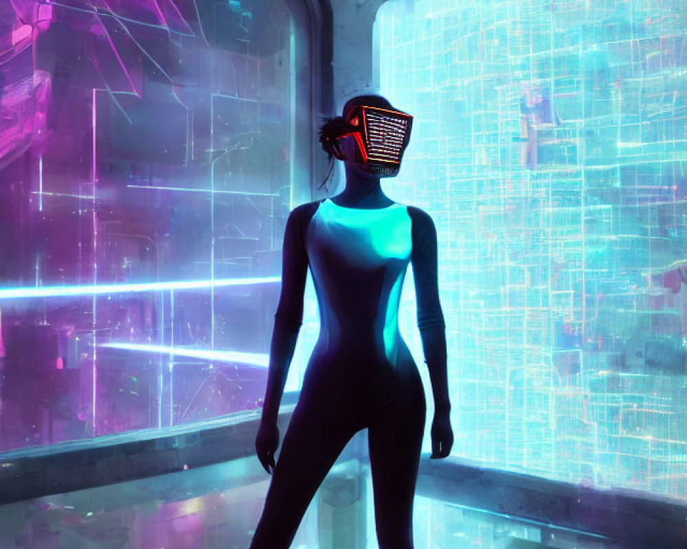 Futuristic figure with glowing mask in neon-lit cyber room