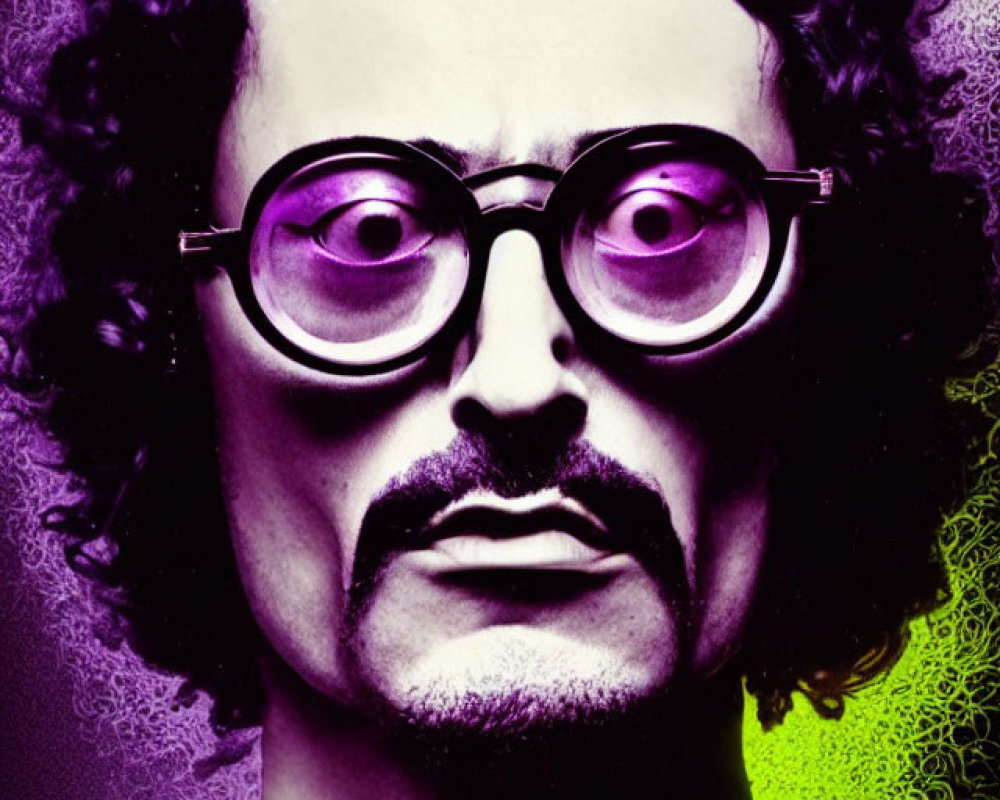 Stylized portrait of person with round glasses and curly hair on psychedelic background