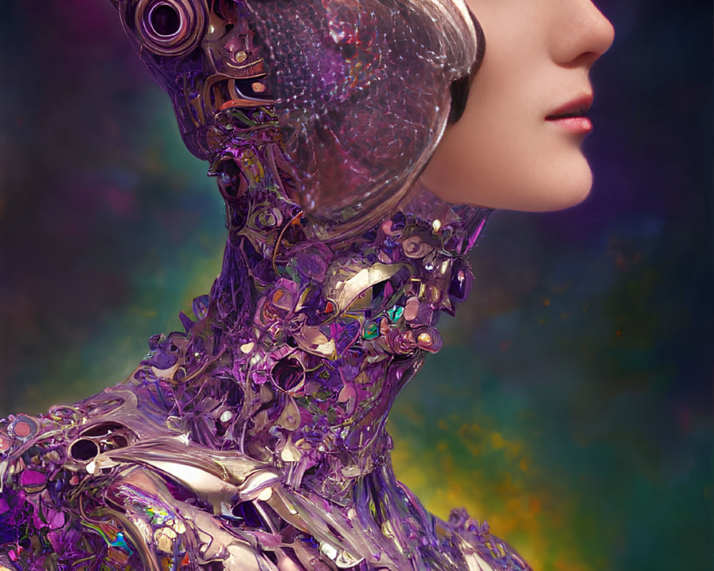 Futuristic humanoid with mechanical head and purple details on colorful background