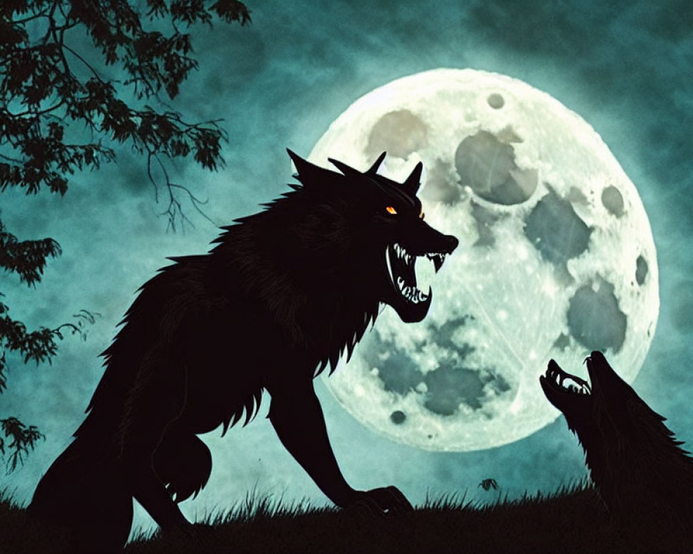 Werewolf and Wolf Silhouettes Howling at Full Moon
