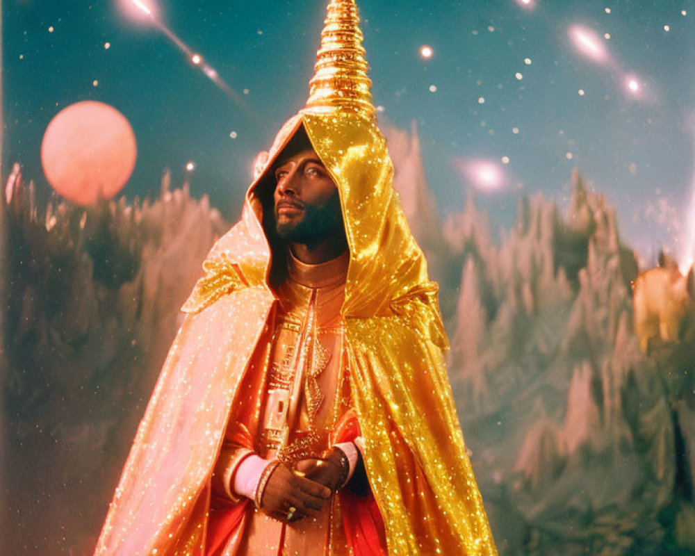 Person in Golden Star-Speckled Cloak Against Fantasy Backdrop