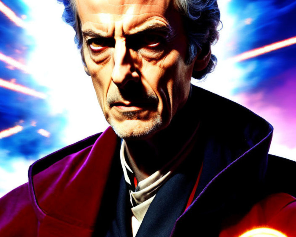 Fictional character portrait: silver hair, red coat, cosmic backdrop