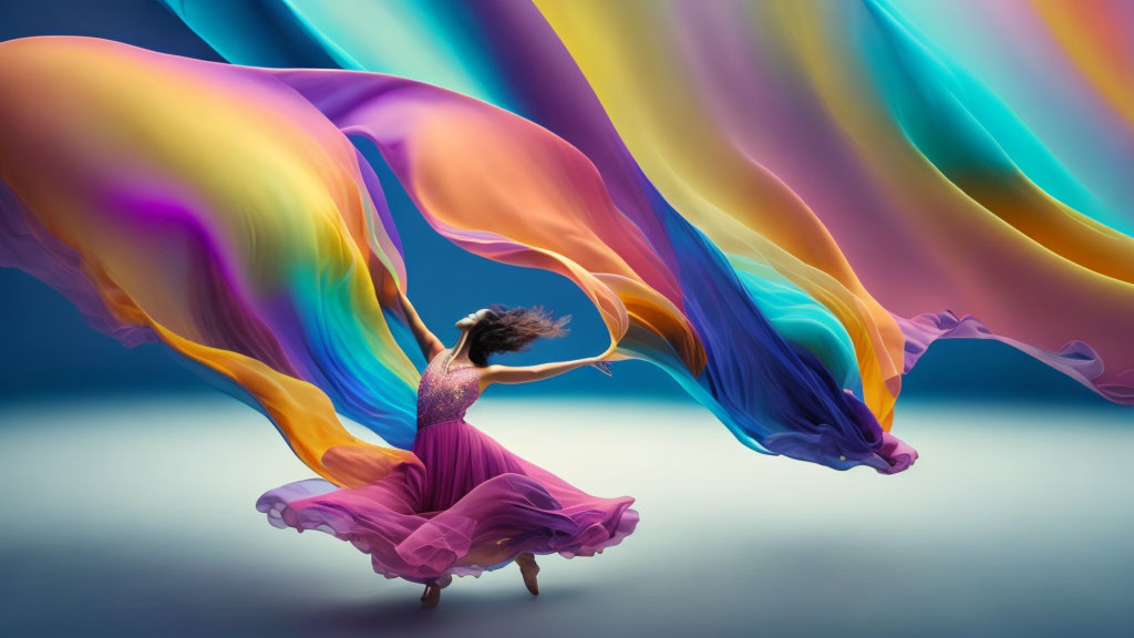 Purple dress dancer in motion with colorful fabric trails